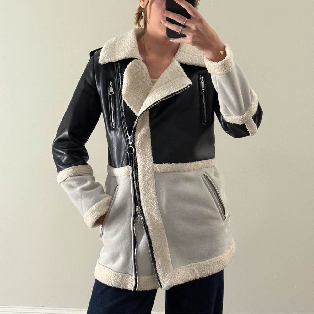 Women's Black and Cream Shearling Jacket